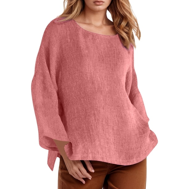 Camiseta de manga larga y cuello redondo de color liso para mujer: estilo informal y holgado, tejido de poliéster para los días más frescos.
