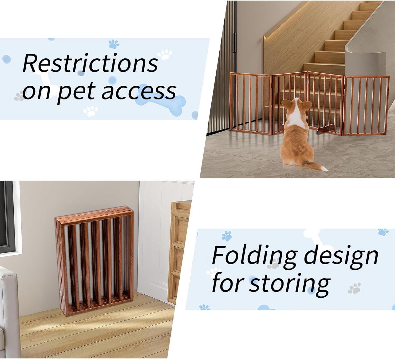 BONNLO Free Standing Dog Gate Indoor, Foldable Pet Gate for Dogs and Puppy, 24" Height Wooden Dog Gates for Doorways Extra Wide/Stairs/Hallways (Brown, 3 Panel)