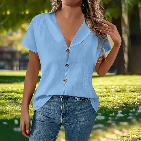 YTCAMLO Collared V Neck Womens Cotton Linen Blouses Casual Solid Short Sleeve Shirts Lightweight Button Business Tunic Tops, Light Blue L