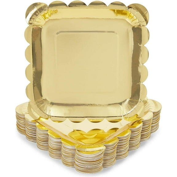 48-Pack Gold Foil Square Paper Plates Scalloped Edge (7 in)