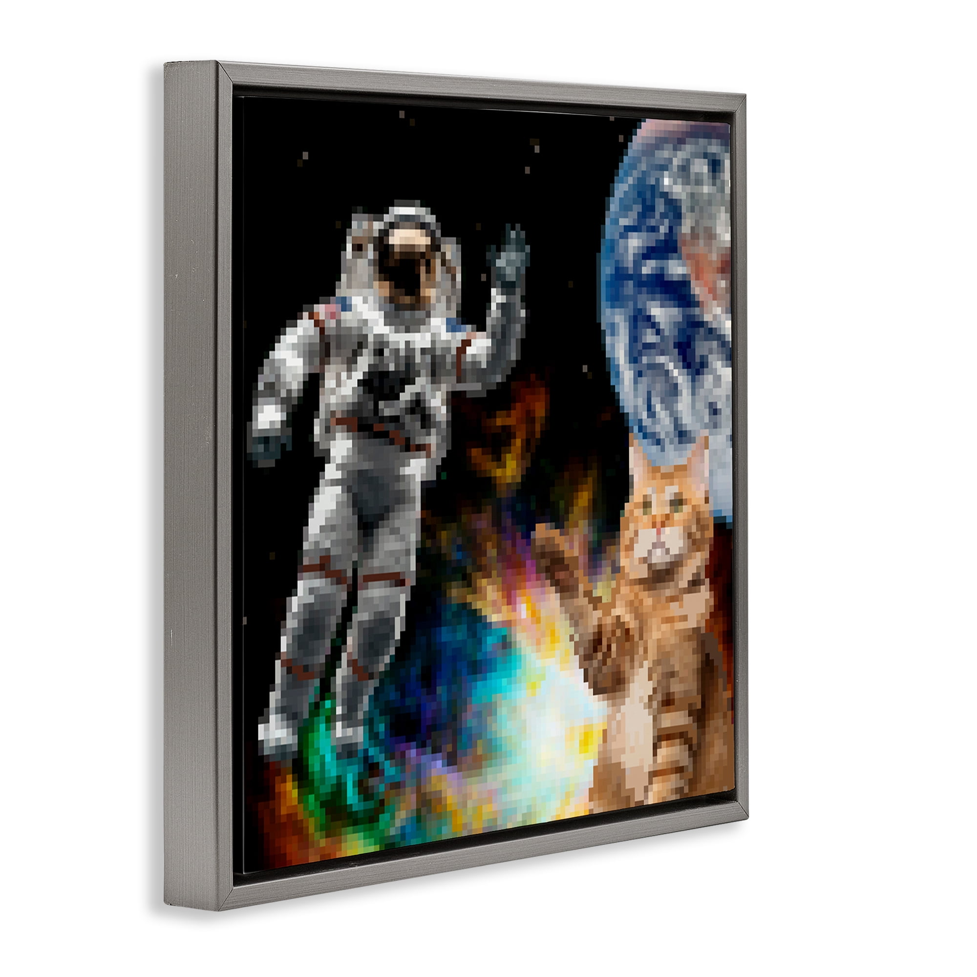 Stupell Industries Pixel Cat in Space Novelty & Humor Painting Gray Floater Framed Canvas Art Print Wall Art, 18 x 18
