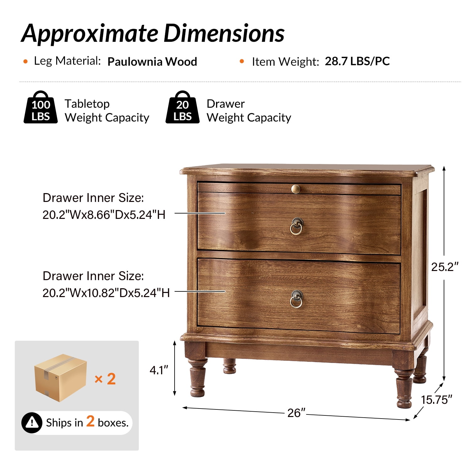 25" Traditional 2 Drawers End Table Solid Wood Set of 2 with Pull-out Tray and Charging Station Cherry