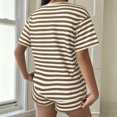 thumbnail image 5 of Morttic Women's Summer Casual Waffle Knit Stripe 2 Piece Set – Crew Neck Short Sleeve Top & High Waist Shorts Lounge Outfit Brown，XXL, 5 of 6