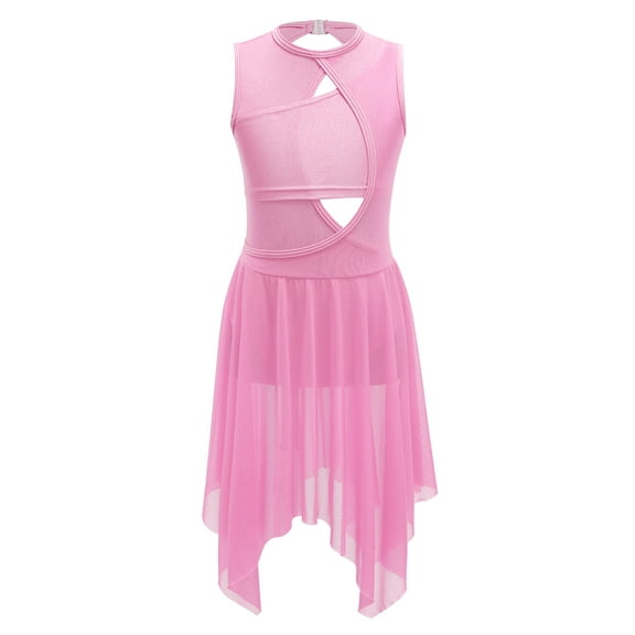 YEAHDOR Junior Girls Sleeveless Mesh Splice Lyrical Dance Dress Backless Gymnastics Leotard Ballet Costume