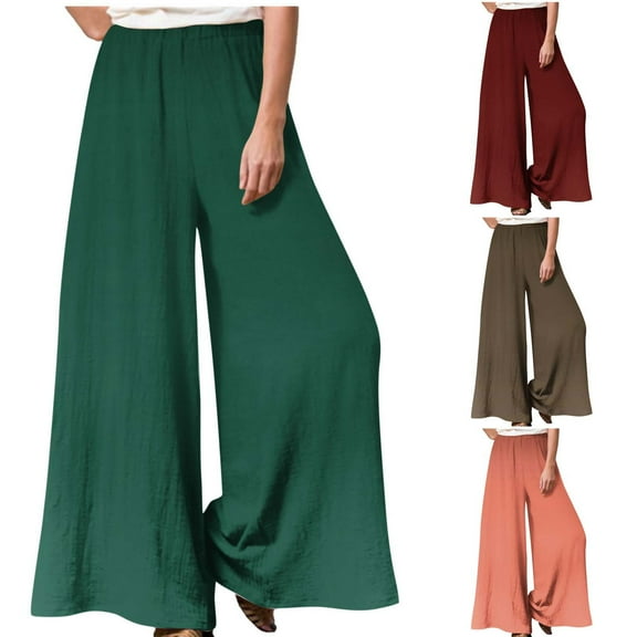 qolati Wide Leg Palazzo Pants for Women 2023 Solid Color Elastic High Waisted Boho Pant Casual Flowy Baggy Beach Lounge Trousers