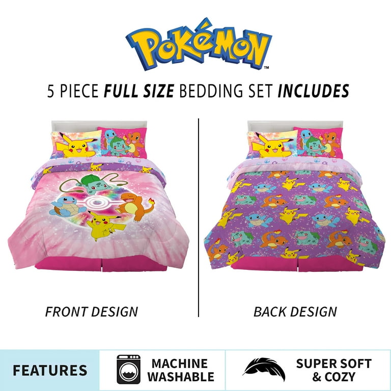 Pokemon Kids Piece Purple Pink Tie Dye Reversible Comforter, Bed