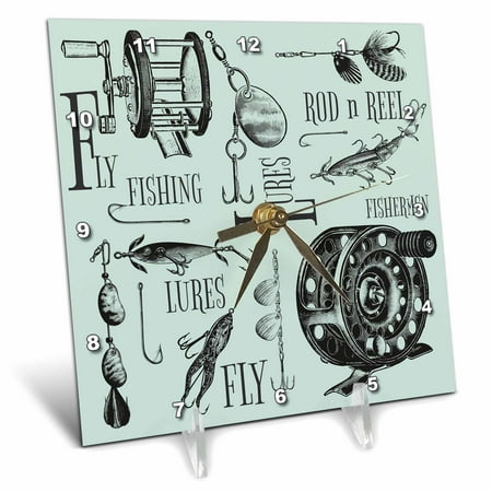 3dRose Fly Fishing Mix of Lures Fishing Reels and More - Desk Clock 6 by 6-inch