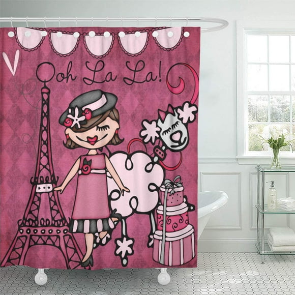 YUSDECOR Pink Cute Brunette Paris Diva Little France Poodles Eiffel Bathroom Decor Bath Shower Curtain 60x72 inch