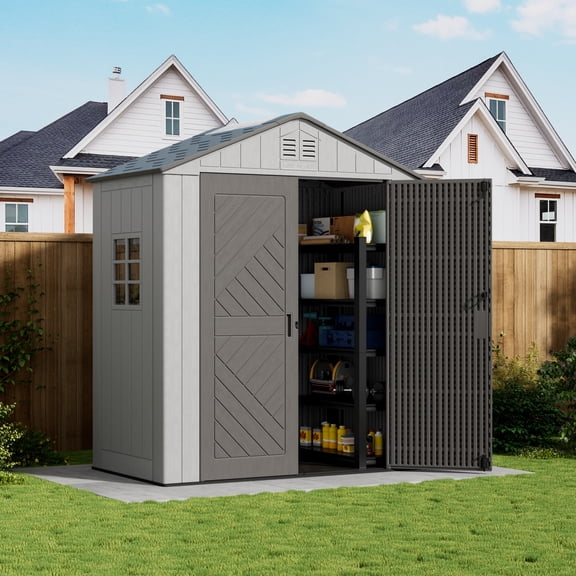 Yardgrace 6x4 Ft Resin Storage Shed with Window & Lockable Door, Double-Layer Plastic Tool Shed with Floor for Tools, Backyard, Patio, Gray