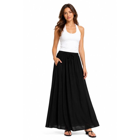 Women's Elastic Waist Crinkle Woven Long Skirt with Tie Detail, Casual Flowy Maxi Skirt Black L