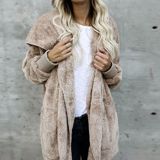 LSLJS Womens Winter Long Sleeve Solid Fuzzy Fleece Open Front Hooded Cardigans Jacket Coats Outerwear with Pocket