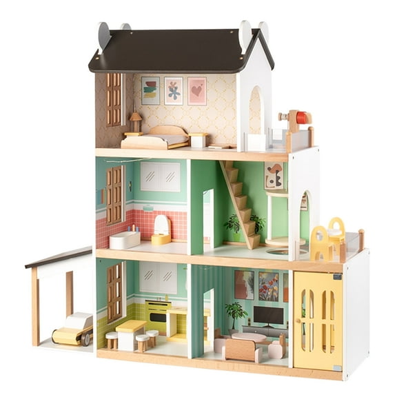 Kids Lighting Wooden Dollhouse, 20-Piece Accessories with Balcony & Stairs, 3 Story Easy to Assemble Dollhouse Toy Set Girls