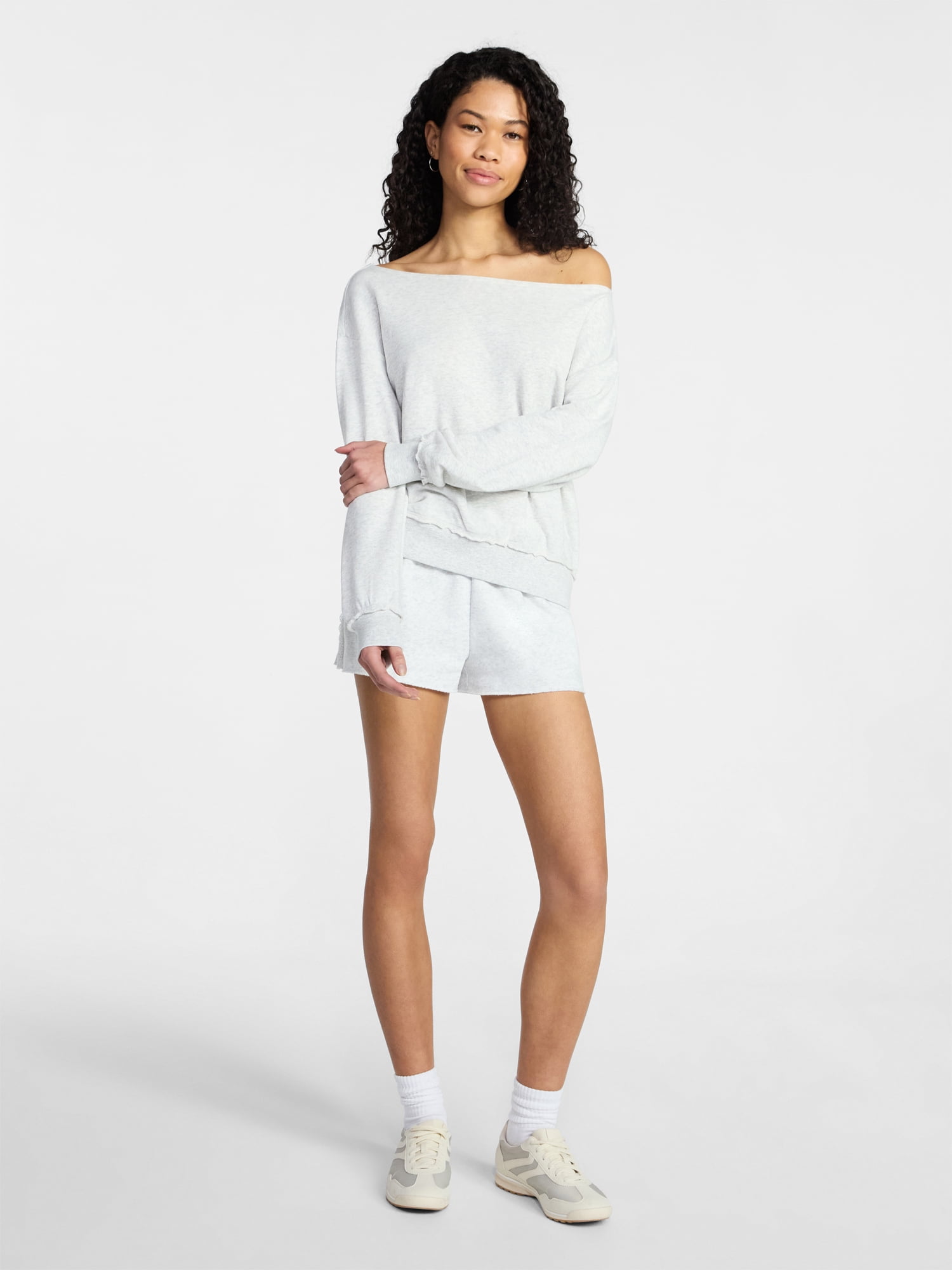 No Boundaries Off-the-Shoulder Sweatshirt with Long Sleeves, Women’s XXS-XXL