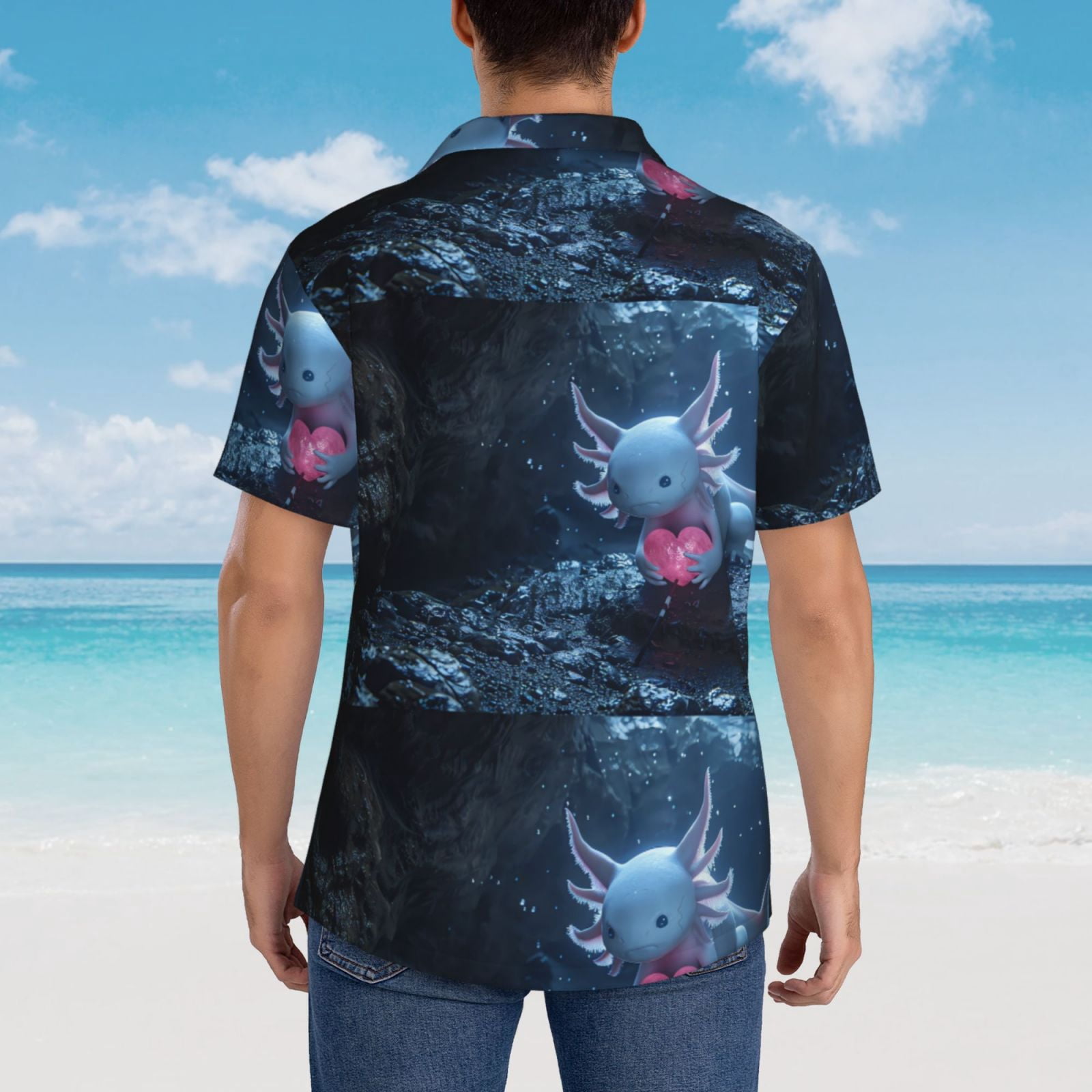 Logiee Heart Axolotl Print Mens Hawaiian Shirts,Loose-Fit Short Sleeve Button Down Tropical Aloha Beach Shirt,Summer Vacation Wedding Tops,Medium