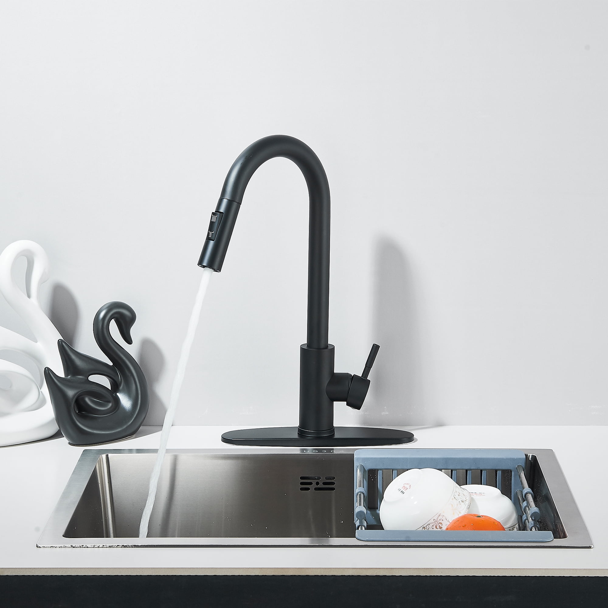 Black Kitchen Faucets with Pull-Down Sprayer , 2.5GPM High Arc Single Handle, Stainless Steel, with Deck Plate, for Farmhouse Camper Laundry Rv Bar
