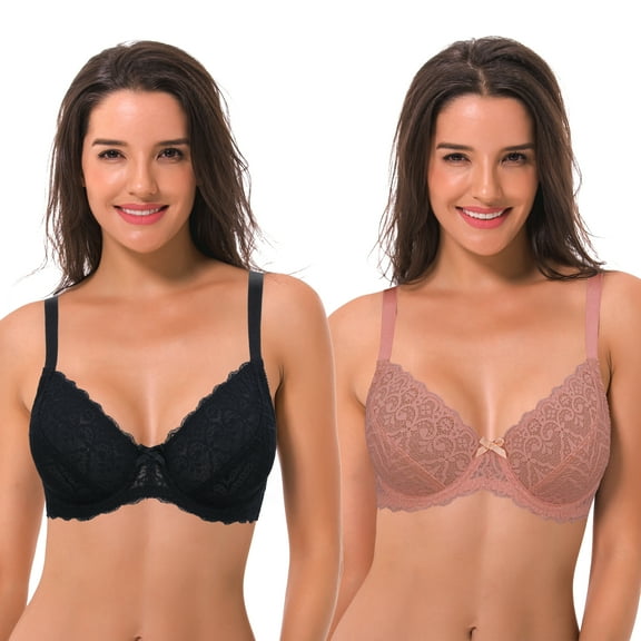 Curve Muse Semi-Sheer Balconette Underwire Lace Bra and Scalloped Hems (2 Pack)-BLACK,ROSE-34B