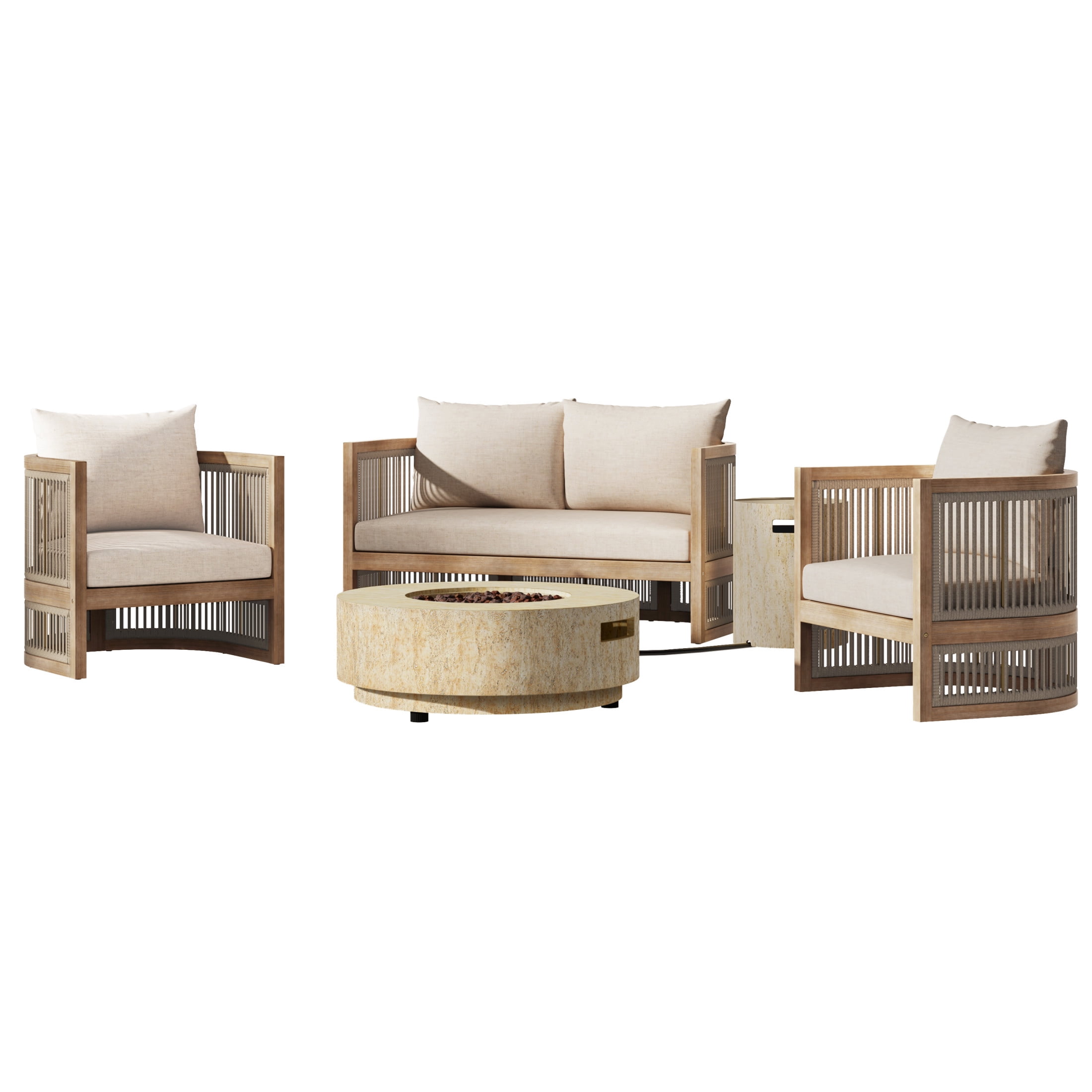 Christopher Knight Home 4-Person Patio Conversation Set with MGO Fire Pit Table & Tank Holder, Wood Frame, Teak+Beige