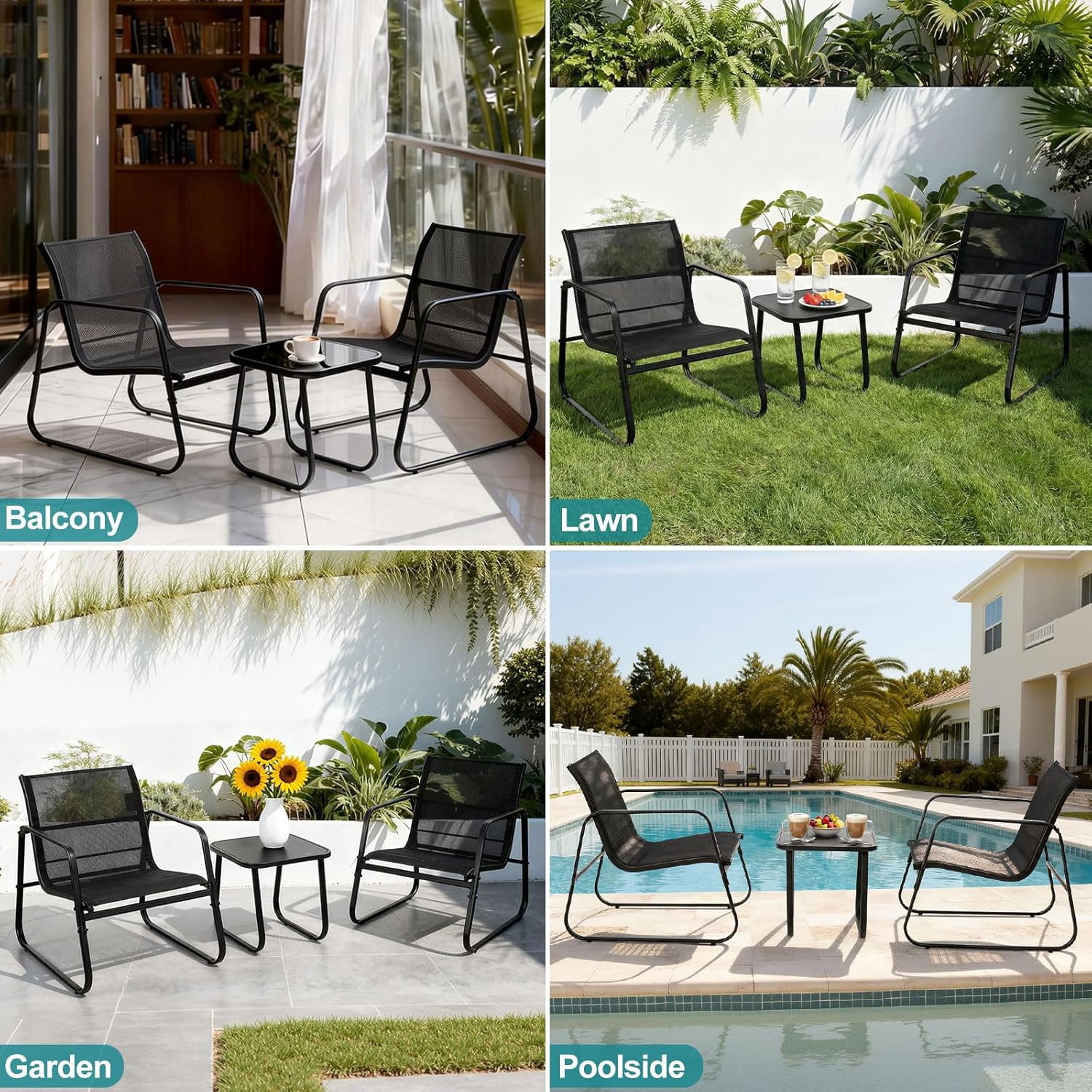 Atilioo 3 Piece Patio Furniture Set, Textilene Outdoor Furniture Set with Chairs & Table, Conversation Set for Lawn, Garden, Balcony, Yard, Poolside, Black