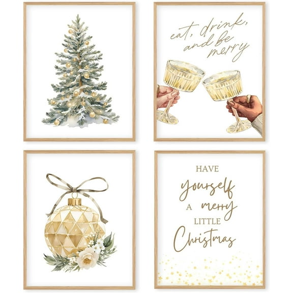 Hieng Red Christmas Winter Unframed Wall Art Prints, Tree Bell Snowflake Posters for Home Bedroom Livingroom Decor Set of 4