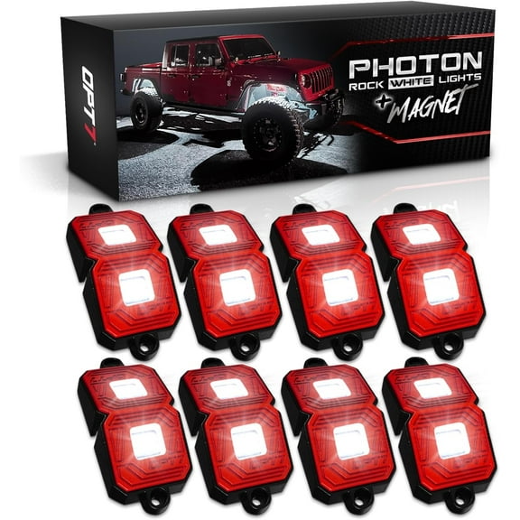 OPT7 Photon Pure White LED Magnet Rock Lights, 8 Pods Wide Angle Neon Underglow Lighting Kit with Extension Wire, IP68 Waterproof for Offroad Truck Jeep RZR ATV UTV SUV