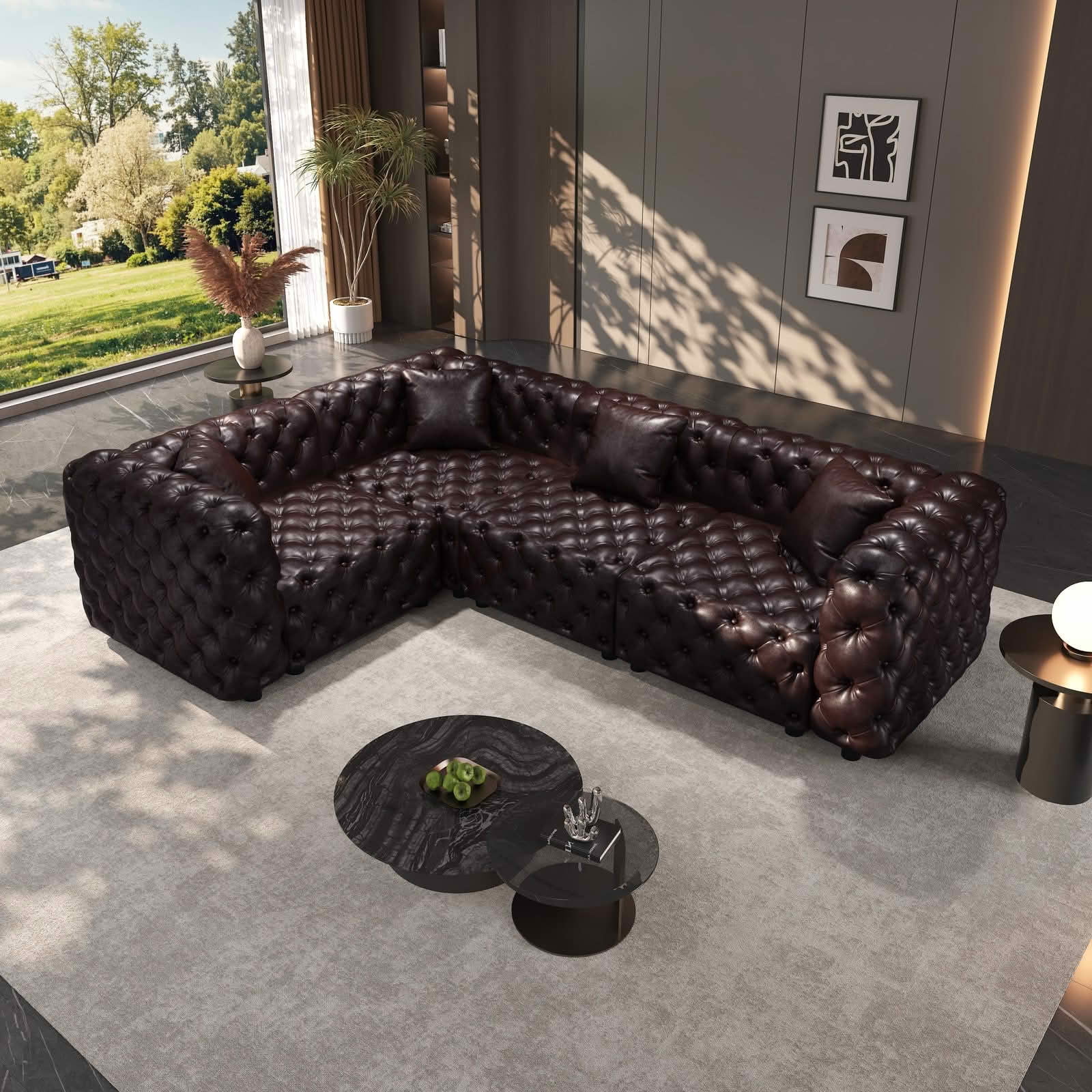 MAYEERTY 103.8" L‑Shaped 4‑Seat Faux‑Leather Modular Sofa, Handcrafted Button Tufted Couch with 4 Pillows for Living Room & Small Apartment
