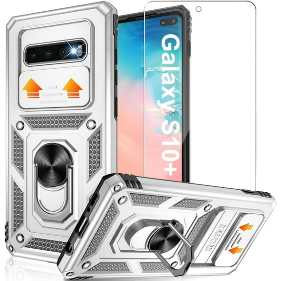 for Samsung Galaxy S10 Plus Case with HD Screen Protector, Build in 360° Rotating Ring Kickstand [Military Grade] Protective Case for Galaxy S10 Plus, Silver