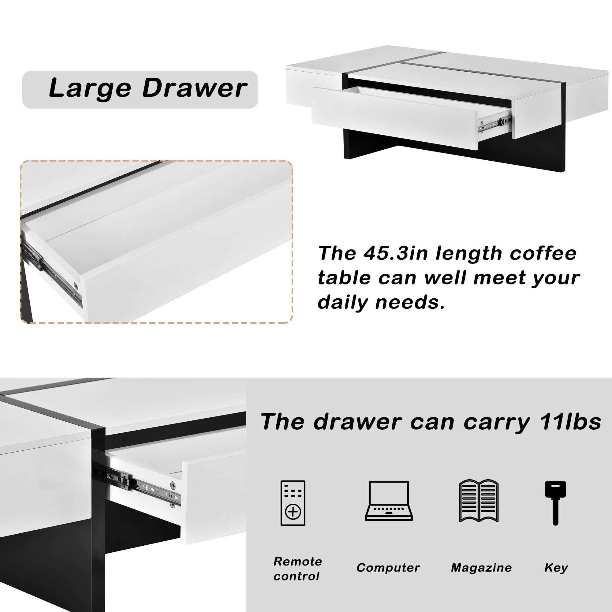 MAYEERTY Contemporary Rectangle Coffee Table with High Gloss Surface, Modern Center Table for Sofa or Upholstered Chairs, 45.2" x 25.5" x 13.7", White