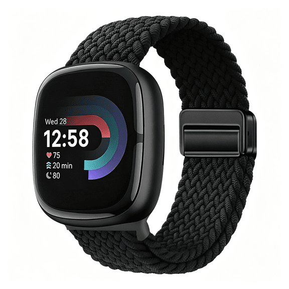 GJX Braided Magnetic Bands Compatible with Versa 4 Versa 3/Sense 2/Sense 1,Soft Stretchy Elastic Nylon Sport Loop Strap for Women Men (Black)