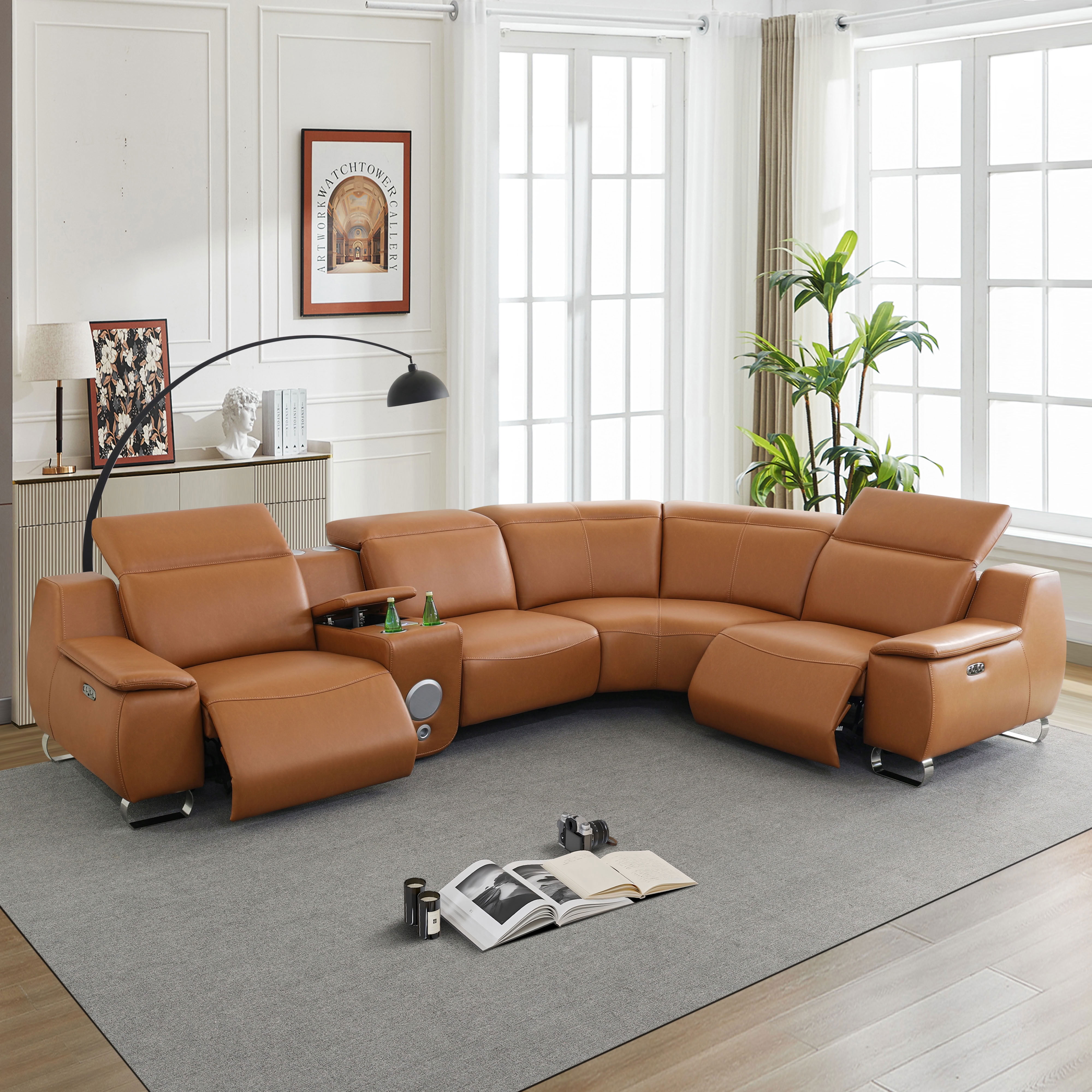 MAYEERTY Oversized Power Recliner Sectional Sofa, L-Shape Corner Couch with Wireless Charging, Bluetooth Speaker, USB Port & Cup Holders, for Living Room, Home Theater, Orange Yellow
