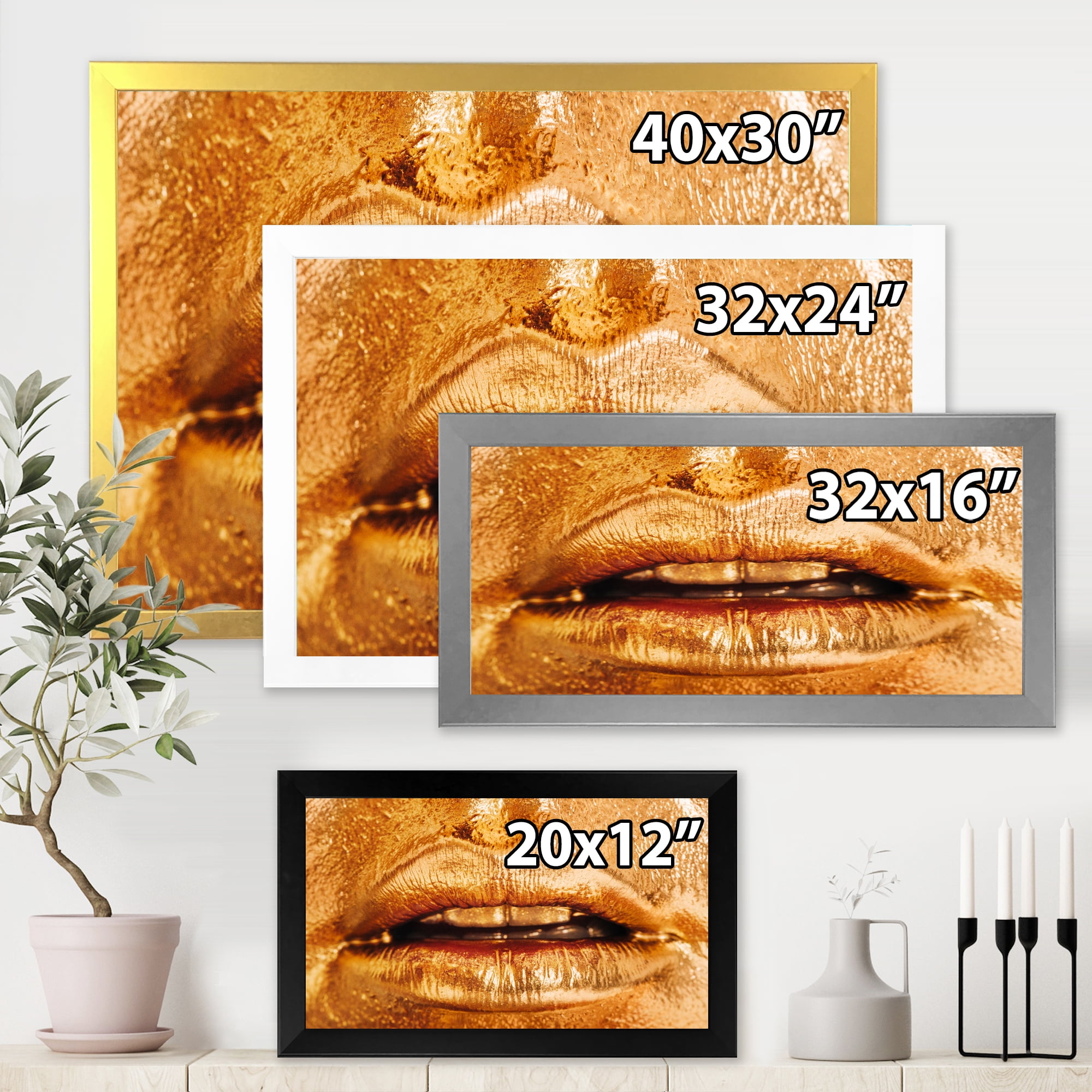 Designart 'Close Up Of Female Lips With Bright Golden Makeup' Modern Framed Art Print