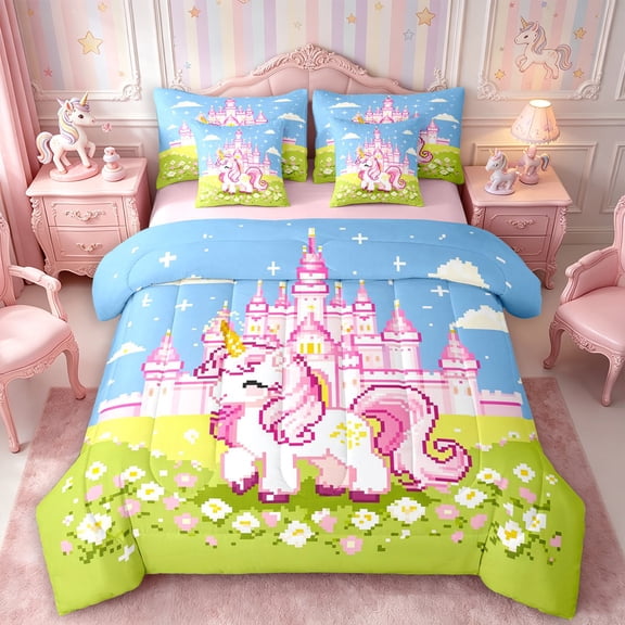 Manfei Cute Unicorn Castle 7-Piece Twin Bedding,Cartoon Princess Bedding Comforter Set,Reversible