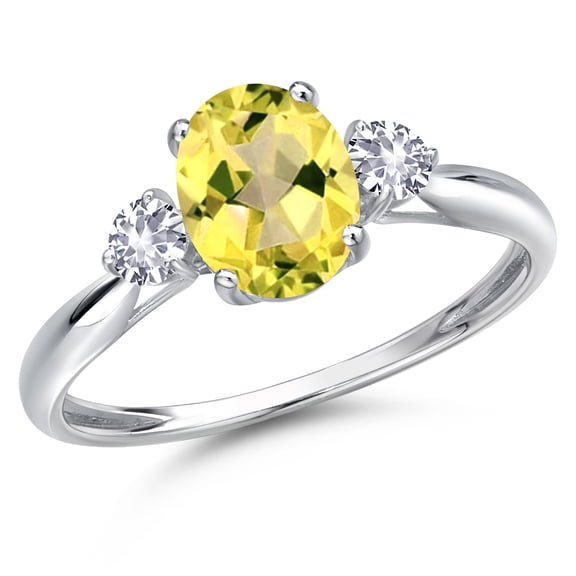 Gem Stone King 10K White Gold Canary Mystic Topaz and White Created Sapphire 3-Stone Ring for Women | 1.82 Cttw | Oval 8X6MM | Gemstone November Birthstone | Size 8