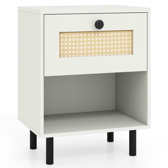 YYAo End Table with Rattan Drawer and Open Shelf, Night Stand for Living Room, Bedroom, White
