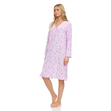 

6015 Womens Nightgown Sleepwear Pajamas Woman Long Sleeve Sleep Dress Nightshirt Purple M