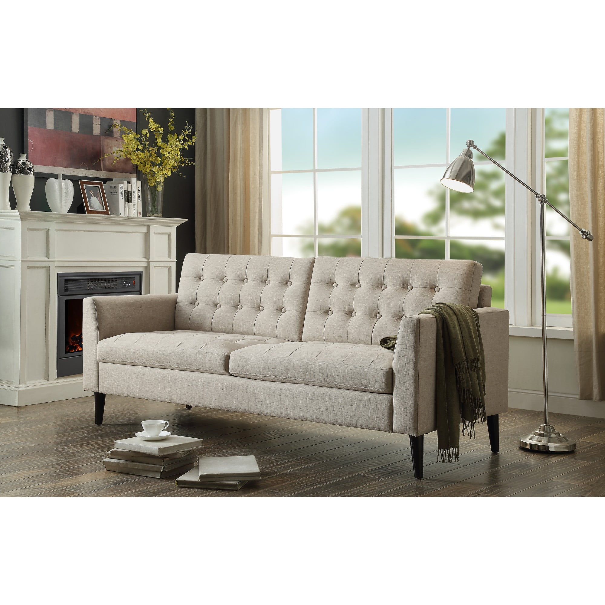 Gewnee Beige 68-Inch Linen Loveseat Sofa - 2-Seater Upholstered Couch with Solid Rubberwood Legs, 100% Linen Fabric & Button-Tufted Backrest for Living Room/Bedroom