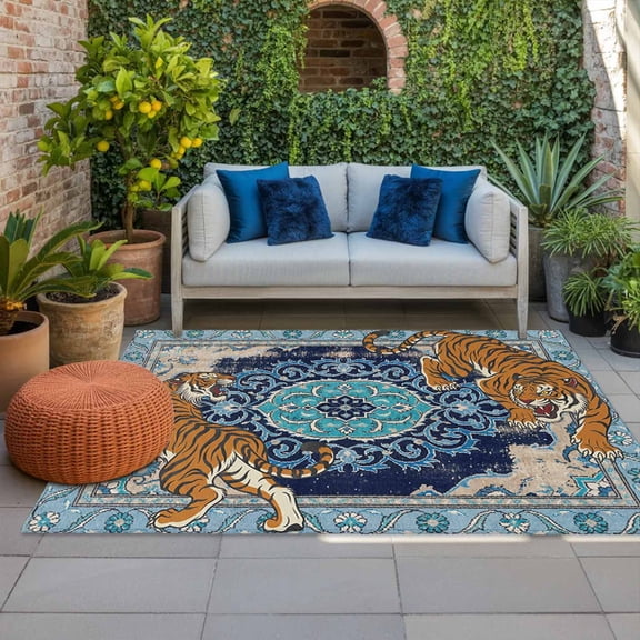 Tiger Print Indoor Outdoor Rugs 4x6 Ft, Boho Vintage Animal Navy Blue Floral Geometric Outdoor Patio Rugs Mat Washable Outside Area Rugs Carpet for Porch Deck RV Camping Pool Balcony Backyard