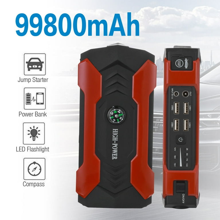 Multi-functional Car Battery Jump Starter 99800mAh Portable Charger Power  Bank for Cell Phone, 4 USB Ports, LED Flashlight, Emergency 12V Auto Jump  Starter Power Pack USA 