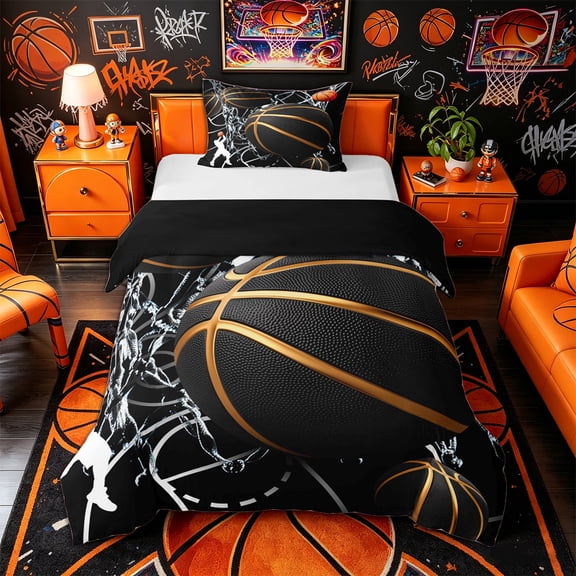 Castle Fairy Basketball Print Twin Duvet Cover, Hoop Silhouette Pattern Twin Bedding, Black Gold White,Black Reversible,2pcs,1 Duvet Cover and 1 Pillowcase