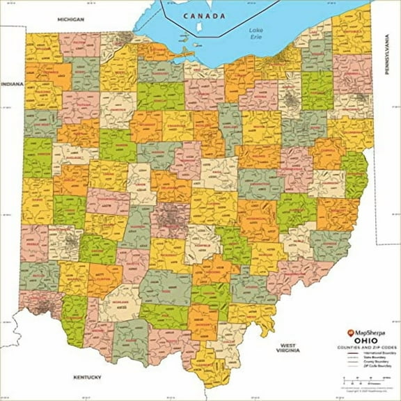 Ohio ZIP Code Map with Counties - Standard - 36" x 36" Paper