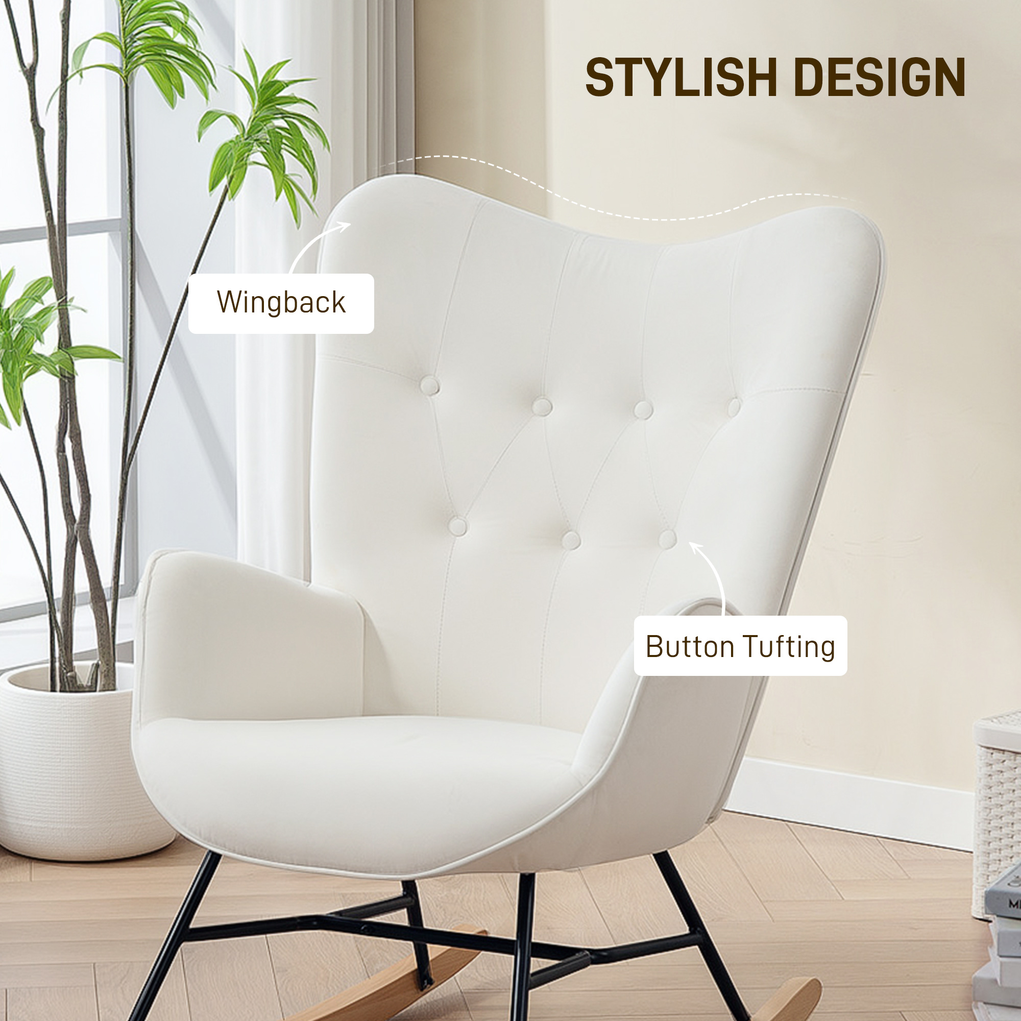 Segmart Velvet Rocking Chair with High-Density Foam Cushion, Upholstered Accent Chair with Wide Backrest, Gentle Rocking Motion, Cream Armchair for Living Room Bedroom Nursery