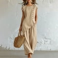 thumbnail image 2 of NMMUED Vacation Outfits for Women Casual 2 Piece Button Detail Top Wide Leg Pants Set Summer Boho Lounge Suits Beachwear Khaki 5XL, 2 of 7