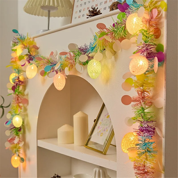 TETOU 6.5Ft Easter Garland with Light String,10LED 3D Egg Colorful Fairy Lights Glitter Tinsel Spring Garland for Tree Home Fireplace Easter Party Indoor Outdoor Decoration