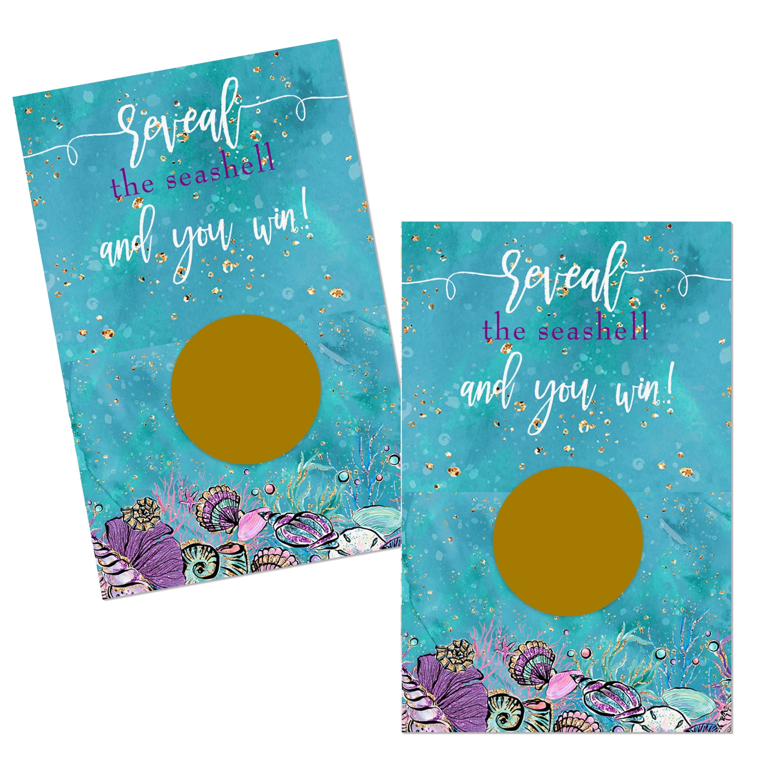 Enchanting Seashells Scratch Off Cards 28 Pack Girls Baby Shower Games Bridal Shower - Sea Flower Wedding Favors - Mermaid Raffle Tickets Purple Gold - Paper Clever Party