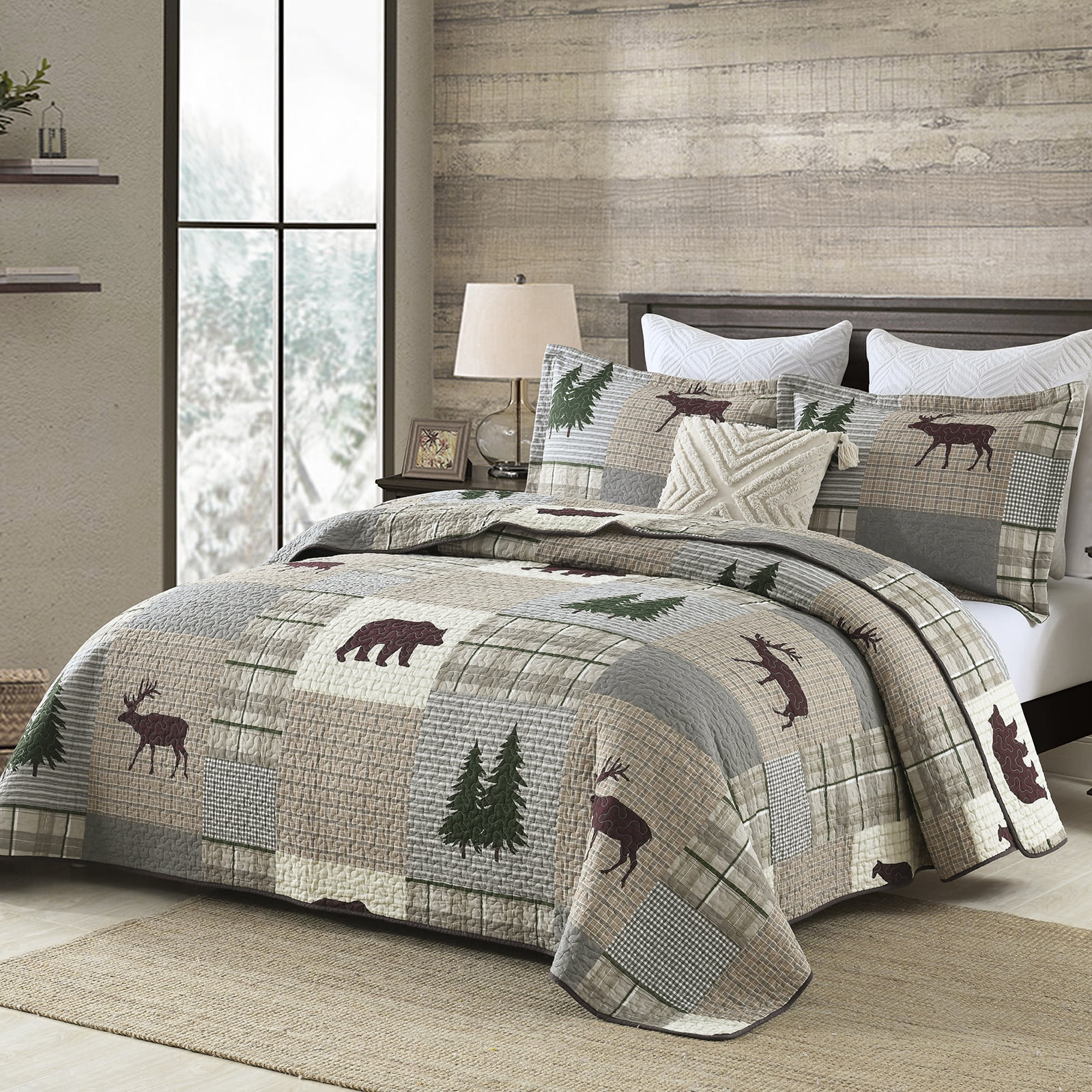 DDUOXIN Farmhouse Cotton Queen Quilt Set - 100% Cotton Brown Gray Patchwork Plaid Rustic Cabin Queen Size Bedspread, Neutral Lightweight Reversible Quiltd Coverlet Set with 2 Pillow Shams, 3 Piece