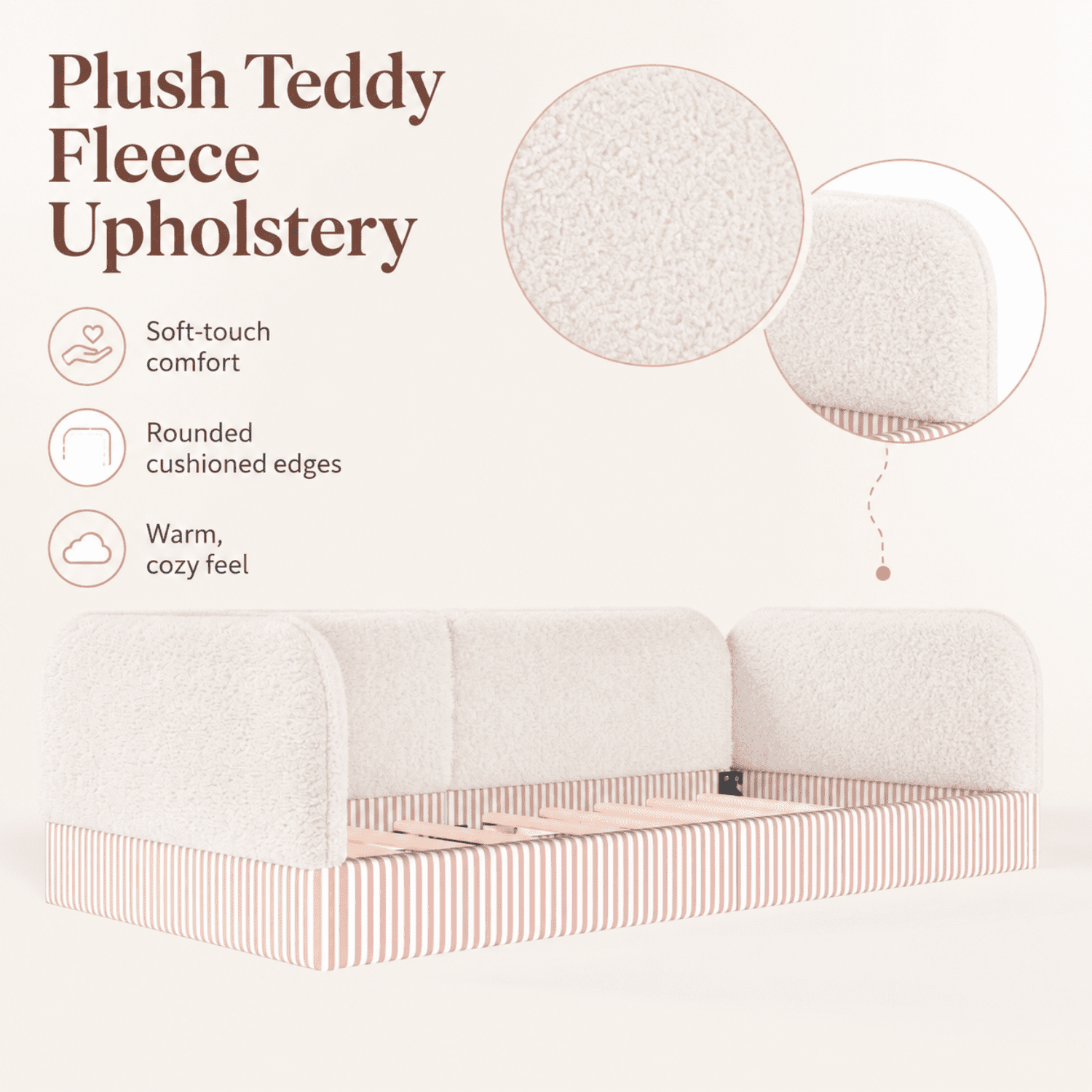 Miniyam Twin Kids Floor Bed with Padded Guardrails, Teddy Fleece Upholstered Montessori-Inspired Bed, White