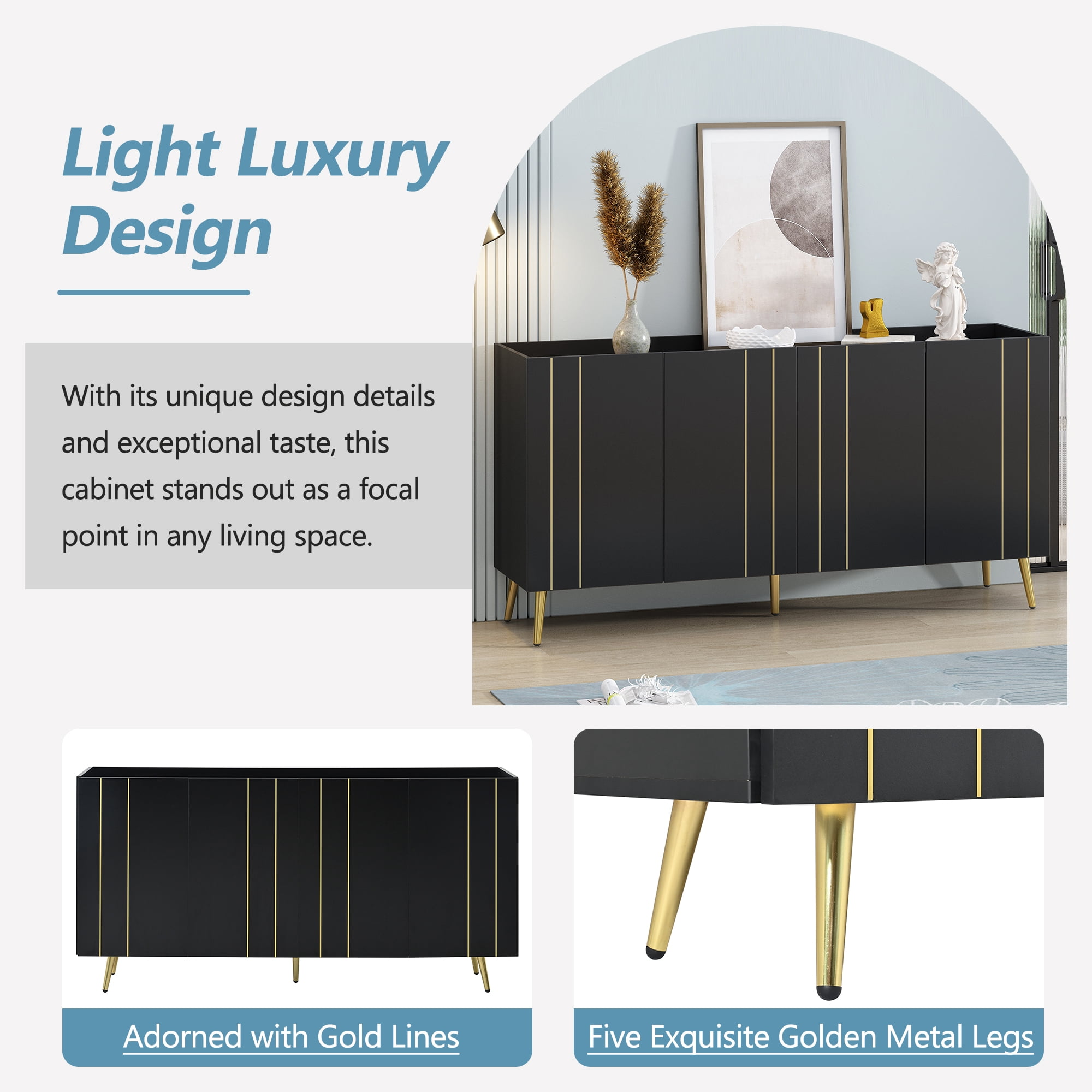 MAYEERTY Luxurious Shoe Cabinet with 5 Metal Legs, Modern TV Stand with 4 Adjustable Shelves for TVs Up to 70", Minimalist Sideboard Cabinet with Gold Lines Doors for Living Room,62.9"x 31.4",Black