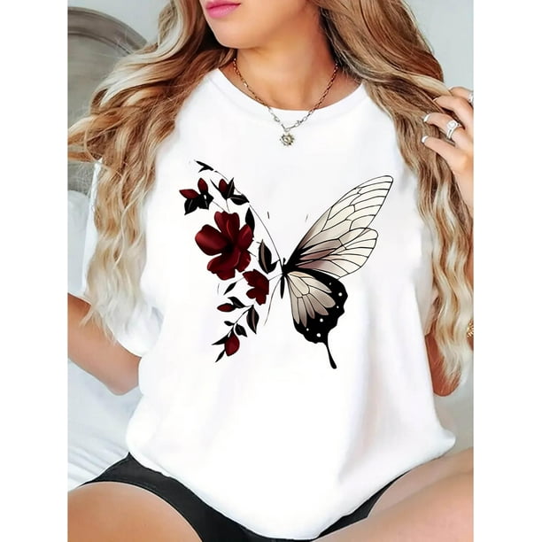 Women'S Casual Crew Neck Short Sleeve T-Shirt, Polyester Knit Fabric with Medium Stretch, with Butterfly and Floral Print, for All Season Comfort Tee