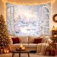 thumbnail image 3 of Two Swans Within a Snowy Window-Framed Garden with Pink Roses, Romantic Fantasy for Bird Lovers, Nature Wall Art, Anniversary Gift, Tapestry Wall Hanging for Bedroom and Den, 3 of 7