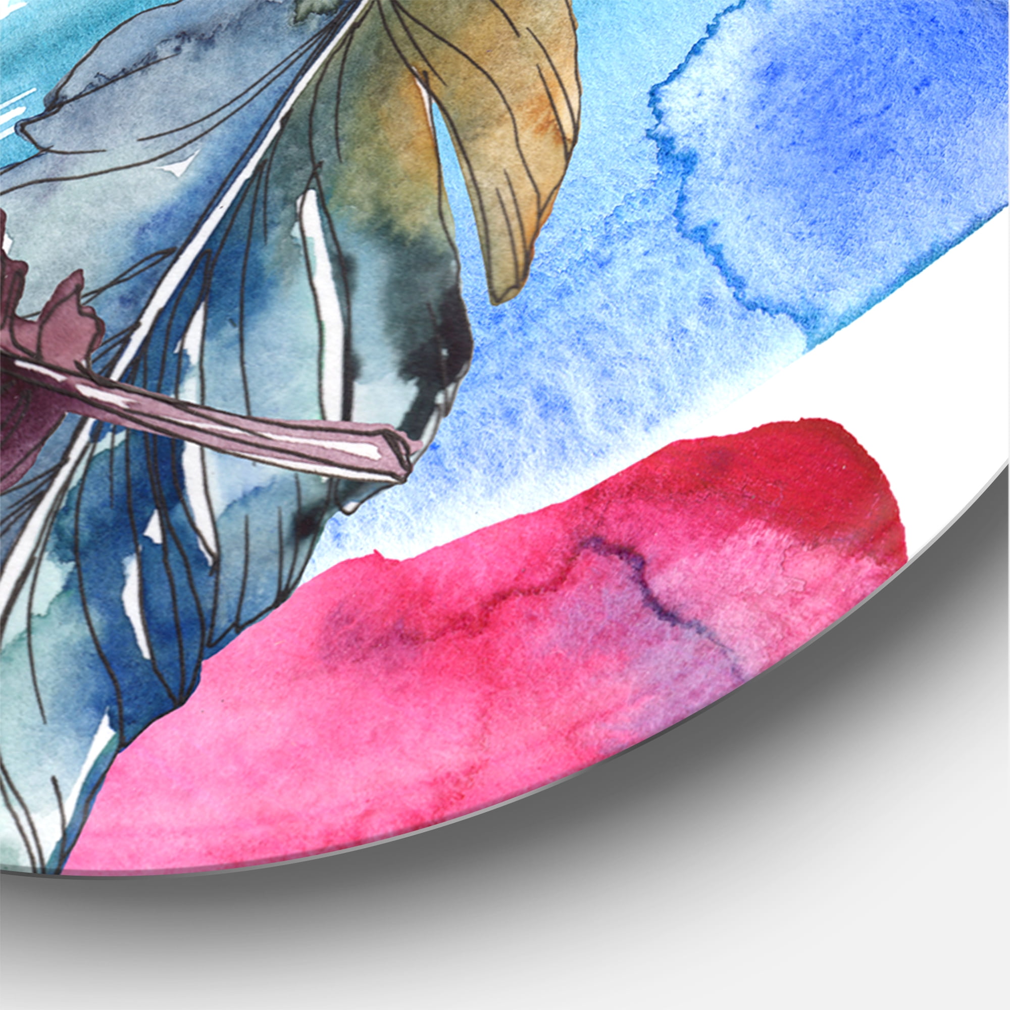 Designart 'Bird Feather In Pink and Blue' Traditional Circle Metal Wall Art 36x36 - Disc of 36