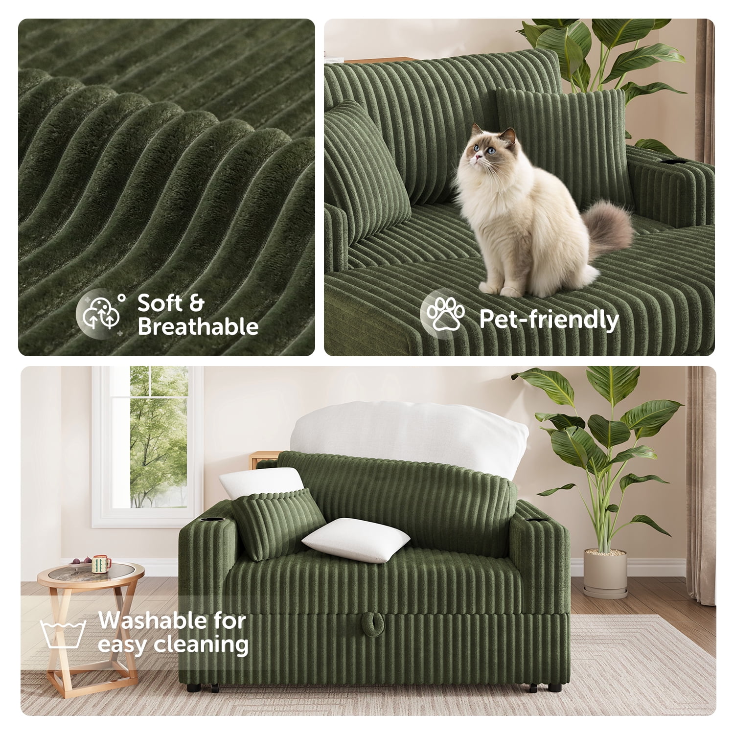 Marrber Green 52” 3-in-1 Convertible Pull-Out Sofa Bed Sleeper Loveseat with Reclining Backrest, Built-in Cup Holders, Pet-Friendly Corduroy Sofa for Small Space